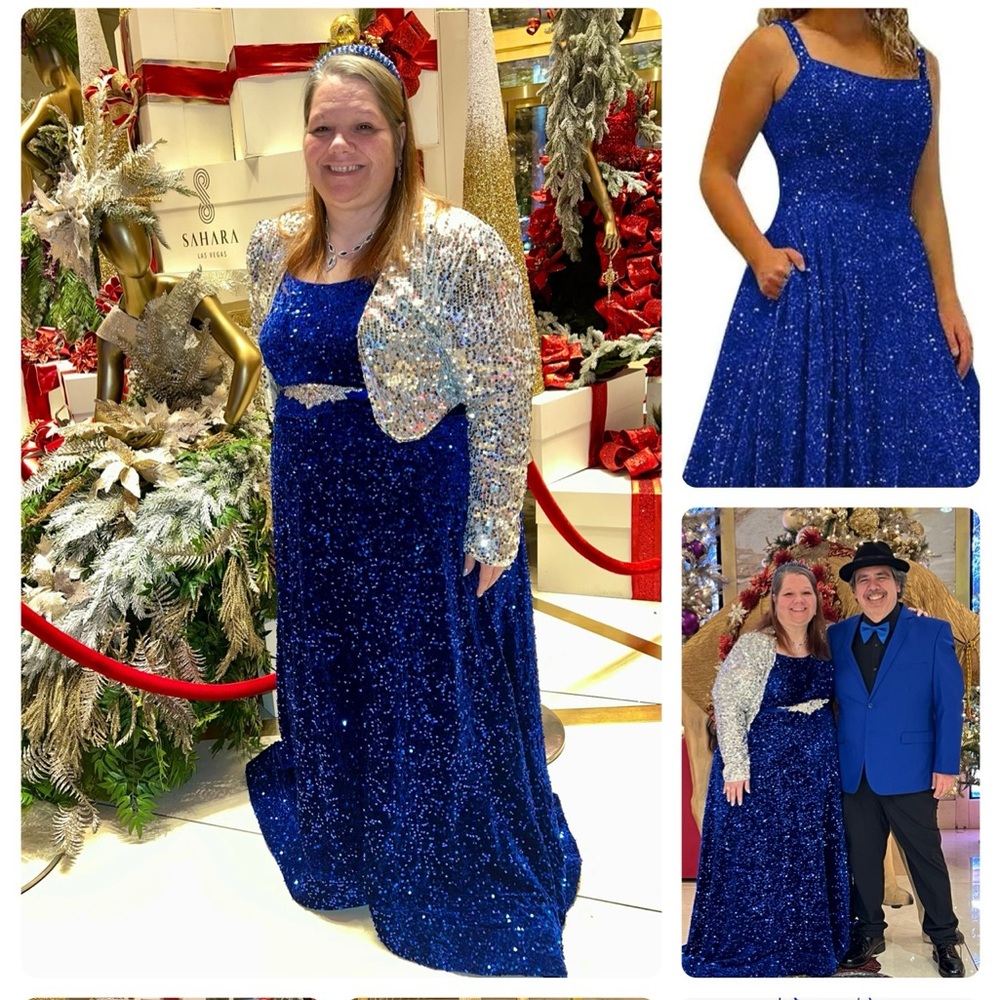 Royal blue sequin gown w/small train. 24/26. Corset back for adjustability.